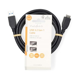 Nedis USB 3.2 Gen1 micro-B kábel 2 m (USB-A férfi / micro-B dugó, 5 Gbps, fekete)