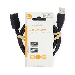Nedis USB A-A hosszabbító/toldó kábel (A dugó / A aljzat, USB 2.0, 480 Mbps, 1 m, fekete)