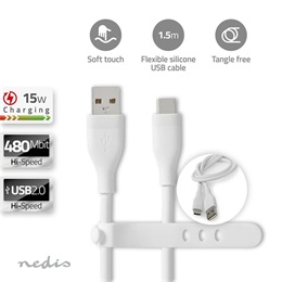 Nedis USB adat- és töltőkábel (A dugó / C dugó, USB 2.0, 15W, 1,5 m, fehér)