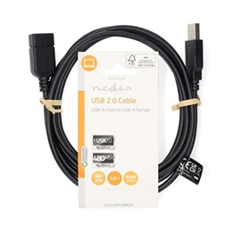 Nedis USB hosszabbító / toldó kábel (USB-A férfi / USB-A nő, USB 2.0, 2 m, fekete)