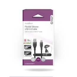 Nedis USB kábel (A dugó / C dugó, USB 2.0, 15W, 1,5 m, fekete)