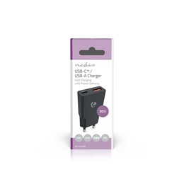 Nedis WCHA30BK gyorstöltő USB-A/USB-C (30W, PD3.0, QC, GaN, 2 kimenet, fekete)