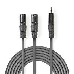 Nedis szimmetrikus XLR audio kábel (2x XLR 3 tűs apa / 3,5 mm jack, 3 m, sötétszürke)