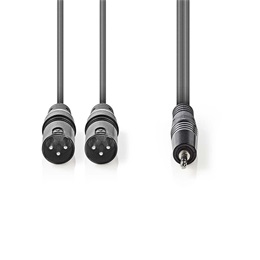 Nedis szimmetrikus félprofi XLR audio kábel (2x XLR 3 tűs apa / 3,5 mm sztereó jack, 1,5 m, sötétszürke)