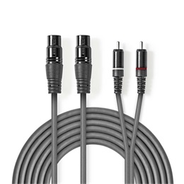 Nedis szimmetrikus félprofi audio kábel (2x XLR anya / 2x RCA dugó, 1,5 m, sötétszürke)