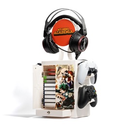 Numskull PS5/Xbox Series játéktartó állvány (My Hero Academia, szekrényes, 10 játék/film hely, 4 kontroller akasztó, fej