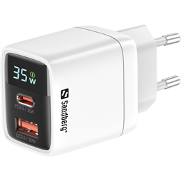 Sandberg 2 in 1 hálózati töltő 35W (1x USB-C PD max 35W, 1x USB-A QC 3.0, GaN III, túláram- és rövidzárvédelem)