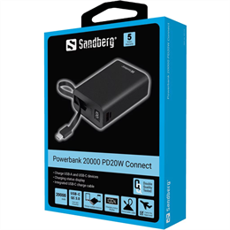 Sandberg Connect 20000 külső akkumulátor (20 000 mAh, 77Wh, PD 20W, USB-C és USB-A kimenetek, LCD kijelző, USB-C kábel 1