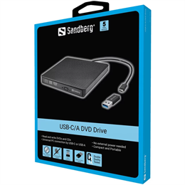 Sandberg Külső DVD-író (USB-C/USB-A, 30 cm kábel, CD 24x, DVD 24x, DVD írás 8x, DVD±R DL 6x, LED)