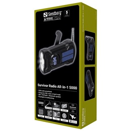 Sandberg Survivor Radio All-in-1 5000 rádió (v5.0, 5000 mAh belső akku, 3W, napelem 5V/95mA, zseblámpa 250 lm)