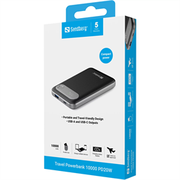 Sandberg Travel powerbank 10000 (10000 mAh, USB-C PD 20W, USB-A 22,5W, LCD kijelző, Li-polimer)