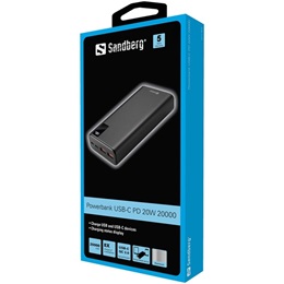 Sandberg powerbank USB-C PD (20000 mAh, 20W USB-C kimenet, 2×USB-A, alumínium, töltéskijelző, átmenő töltés)