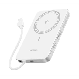 UGREEN PB570 vésztöltő Type-C aljzat (10000mAh, 30W, PD gyorstöltő 3.0, Qi2, mágneses, fix Type-C kábel, fehér)