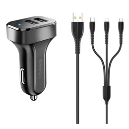 USAMS King TU C13 autós töltő 2 USB aljzat (10W, LED jelzés, lightning, microUSB, type-c kábel, fekete)