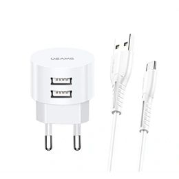 Usams T20 hálózati töltő 2 USB aljzat (10W, QC gyorstöltés, micro USB kábel, fehér)