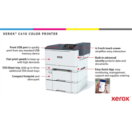 Xerox C410 (A4, színes, 40 lap/perc, duplex, 125000 nyomat/hó, 1 GB, LAN/USB/WiFi, 1200x1200 dpi, 250 lap tálca)