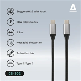 AVAX Steely Type-C - Type-C adatkábel 1,5 m (acélszürke, 60 W, 3A, sodort szövetborítás, fém csatlakozó)