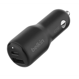 Belkin Boost Charge Dual autós töltő USB+Type-C aljzat (42W, PD gyorstöltés, QC gyorstöltés, prémium, fekete)