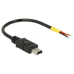 Delock USB 2.0 Mini-B tápkábel (1x Mini-B dugó, 2x nyitott vezeték VCC/GND, 10 cm, fekete)