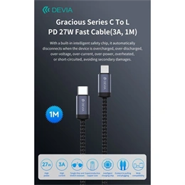 Devia Gracious Series adat- és töltőkábel (1 m, 27 W, PD gyorstöltés, type-c/lightning, textil, fekete)