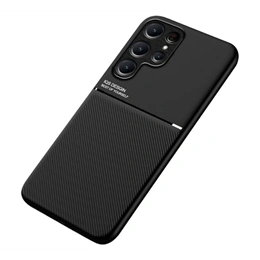 Gigapack szilikon telefonvédő (ütésállóság, mágneses, bőrhatású hátlap, csíkos, fekete)