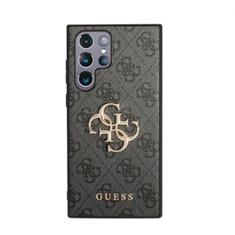 Guess 4G Big Metal Logo műanyag telefonvédő (ütésállóság, bőr hatású hátlap, sötétszürke)