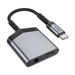 Hoco LS39 audió adapter és töltőkábel (elosztó, type-c+3,5 mm jack - type-c, 27W, 15 cm, világosszürke)