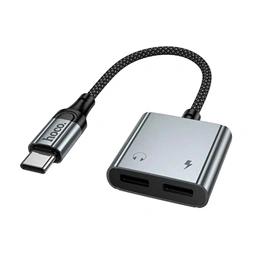 Hoco UPA34A audió adapter és töltőkábel (type-c - 2x type-c, 10W, elosztó, 15cm, sötétszürke)
