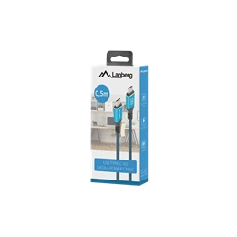 Lanberg USB-C kábel (M/M, 50 cm, USB 4.0, 240W, 8K 60 Hz, 40 Gb/s, szövet fonat, fekete-kék)