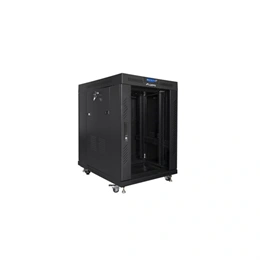 Lanberg szabadon álló rackszekrény (19", 15U, 600x800 mm, edzett üvegajtó, lapraszerelt, LCD kijelző, fekete)