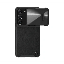 Nillkin CamShield Leather műanyag telefonvédő (ütésállóság, bőrhatású, kameravédő, prémium minőség, fekete)