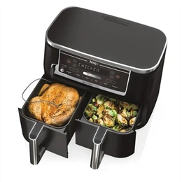 Ninja Foodi MAX AF451EU Dual Zone forrólevegős sütő (9,5 l, 2470 W, 2x4,75 l kosár, digitális maghőmérő, 40–240 °C, feke