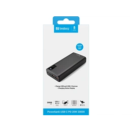Sandberg powerbank USB-C PD (20000 mAh, 20W USB-C kimenet, 2×USB-A, alumínium, töltéskijelző, átmenő töltés)