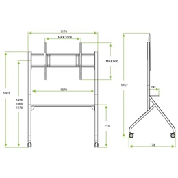 Techly ICA-TR53LB gurulós padlóállvány (65"-100", VESA 800x600 max., 100 kg teherbírás, magasság 1280-1460 mm, fekete)